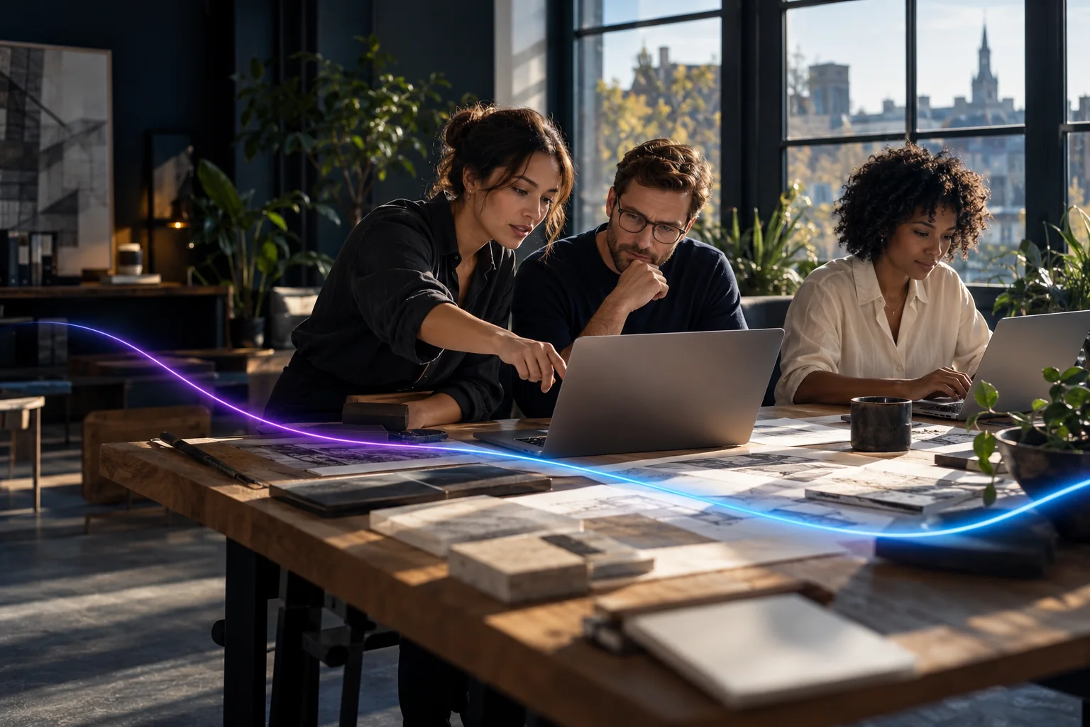 Illustrative team collaborating around laptops, with a violet-blue connection ribbon.