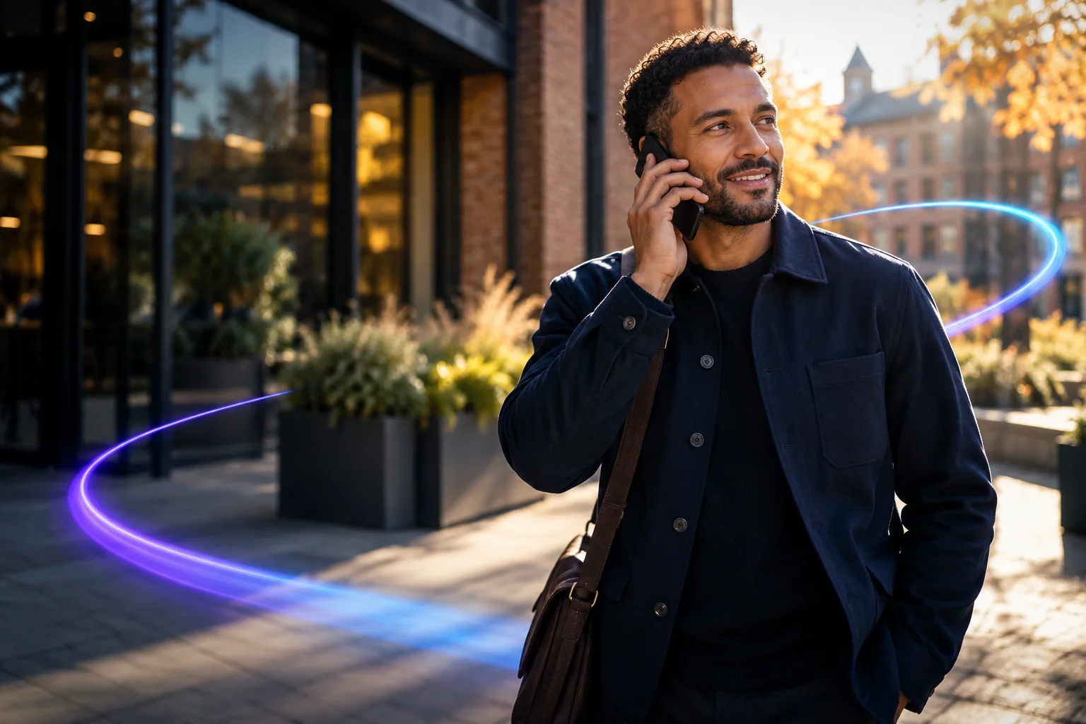 Illustrative professional using a mobile outside a business, with a violet-blue connection ribbon.